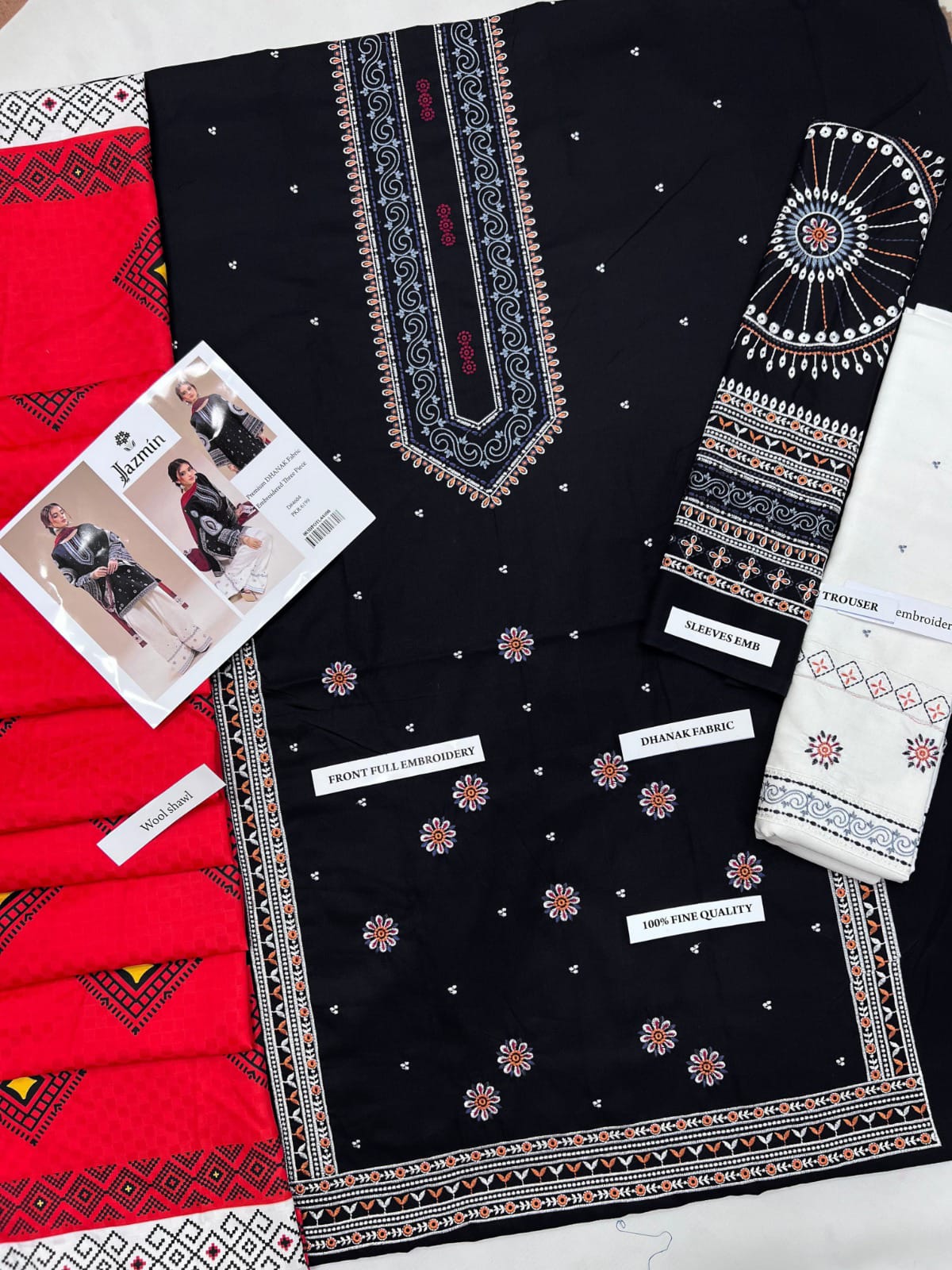 3PC DHANAK EMBORIDED SUITS WITH PRINTED PASHMINA WOOL SHAWL SS-271