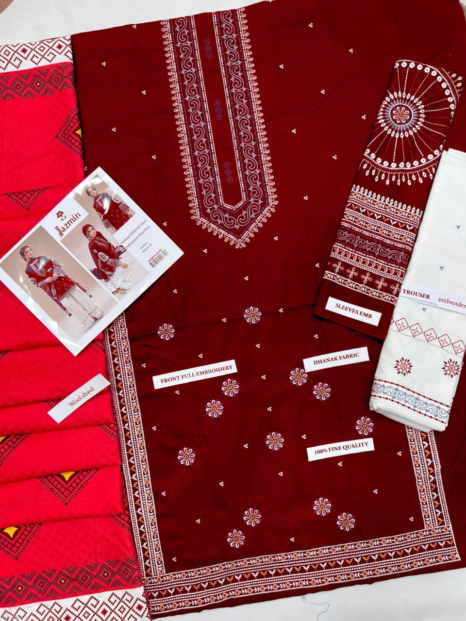 3PC DHANAK EMBORIDED SUITS WITH PRINTED PASHMINA WOOL SHAWL SS-279