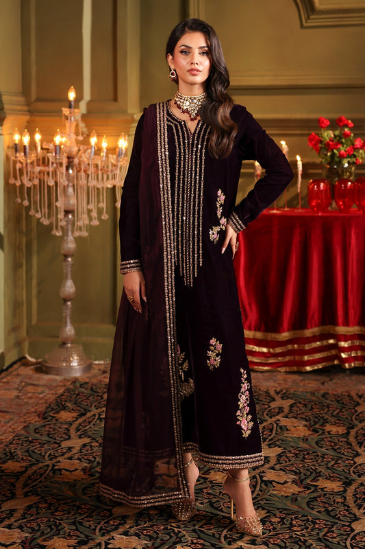 3-PC Embroidered Velvet Shirt with Embroidered Chiffon Dupatta and Trouser VVT4-014 - Charizma